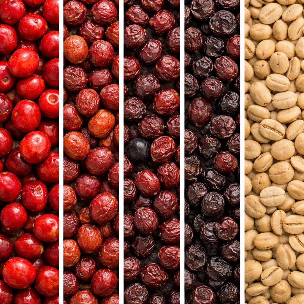 La cerise est séchée entière au soleil. Les sucres du fruit migrent lentement vers le grain : plus de douceur, une texture ample, une complexité fruitée — avec un équilibre net.